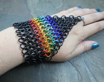 Chainmaille Hand Bracelet - Rainbow Jewelry - Rainbow Chainmaille - Chainmail Jewelry - Pride Bracelet - Slave Bracelet - Hand Flower