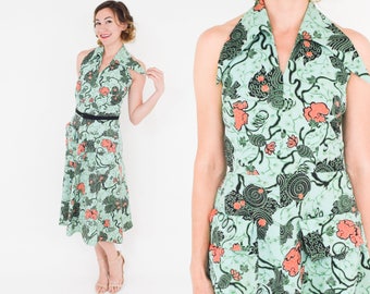 50s Halter Dress | Mint Green Floral Print Cotton Dress | Small