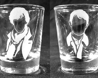 Custom Etched SHERLOCK 2oz shot glasses (Sherlock and Watson) - Set of 2!
