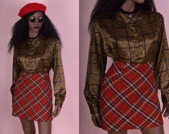 90s Scarf Print Button Down Blouse/ Large/ 1990s/ Long Sleeve