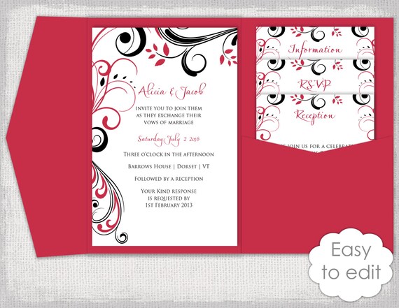 Pocket Invitation Template Diy Cherry Red And Black Pocketfold