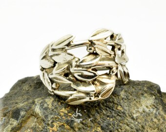 Branches silver ring wrap band sterling silver twig ring with leaves, botanical ring size 8.5