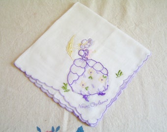 Vintage MADEIRA New Orleans Applique and Embroidery Southern Belle Hanky Lady Handkerchief New Orleans Souvenir Hanky