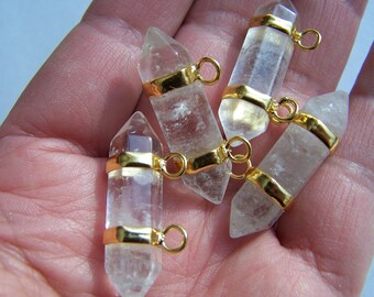 Natural Crystal double point pendant connector two loops gold electroplate