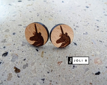 Wood - lightweight - Unicorn - Earrings - Studs earrings - studs