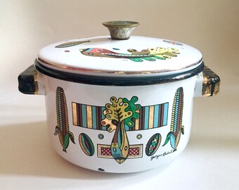 Mid Century Georges Briard Vintage Green Garden Enamel Lidded Pot 1960s