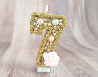 Rhinestone, Pearl and Gold Bedazzled Glitter Number Candles