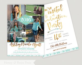 Graduation Party Invite . Graduation Announcement . bohemian invite . teal and gold . Printable Invitation