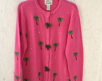 Vintage Fuchsia Palm Tree button up sweater