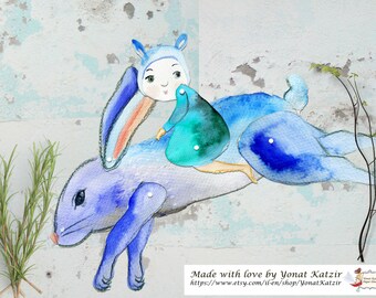 Make your own puppet, Blue rabbit, PDF paper puppet, woodland puppets, diy puppet, puppet artwork, rabbit illustration, Last minute gifts