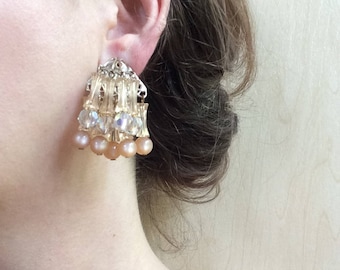 Chandelier Earrings / Vintage Gold Tone Dangle Clip-On Statement Costume Jewelry