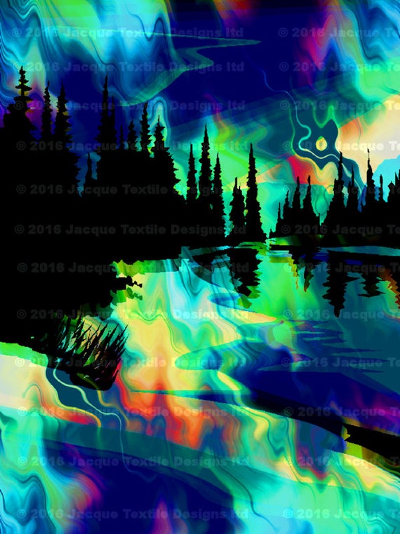 Blue Moon Hand Created 4 Fabric 100% Cotton Sateen Art Prints Panel Landscape Aurora Borealis Sunset Quilting