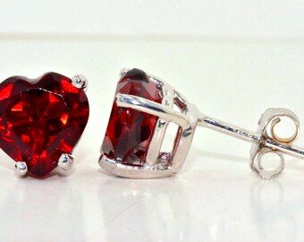 White Gold 2 Carat Garnet Heart Stud Earrings .925 Sterling Silver Rhodium Finish