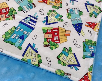 Baby Blanket! Houses on the Hill, Bright Blue Minky on Back 30"x38"