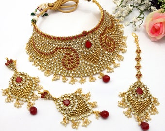 Handmade Polki Mukut Necklace Set with Earrings and Tika Indian Jewellery Gold Plated Indian Jewelry Bridal Bollywood Jewelry