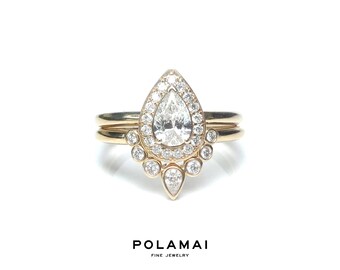 Pear Diamond Engagement Ring Set . Pear Cut Diamond Ring Halo w Matching Nesting Ring . Yellow Rose White Gold . 14k 18k . Wedding . Polamai
