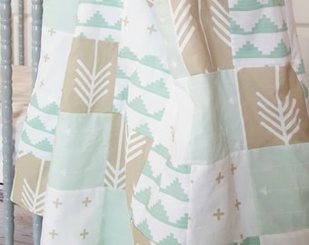 Mint and Taupe Tribal Patchwork Baby Blanket-2 sizes available- mint, taupe, arrows, aztec