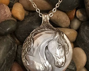 Horse Pendant , Stallion Horse Head pendant in silver-pewter