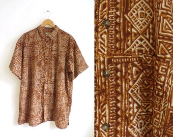 90s mens hawaiian shirt size xl, brown tribal southwestern shirt, 1990s mens button down shirt, short sleeve mens shirt