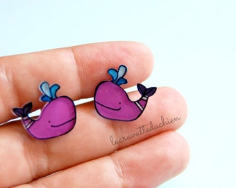 Purple whales stud earrings, purple whales, illustrated jewelry