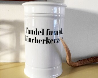Antique Ironstone Apothecary Jar "Candel Fumar" "Raucherkerzen"