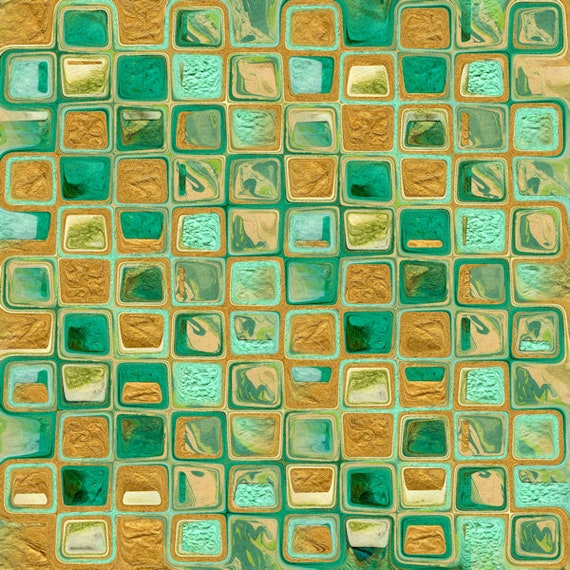 Textile Artist Tile Blue Green Golden Made Lycra Knit Fabric By The Yard Athletic Apparel Swimwear Swim Suit
