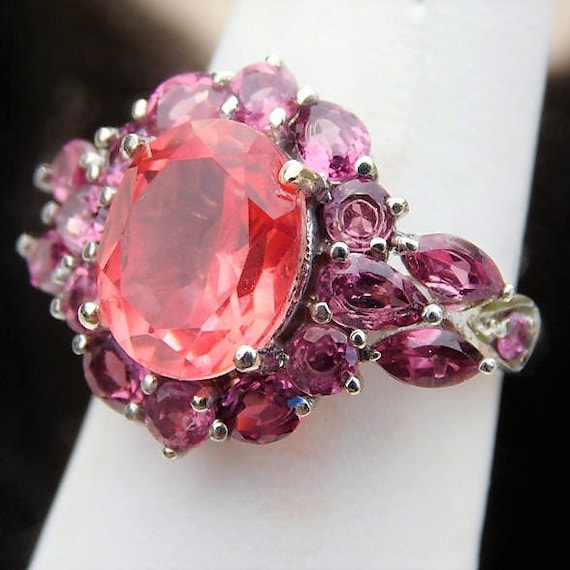Quartz and Rhodolite Garnet Ring / Sterling Silver / Size 6 Six / Fancy