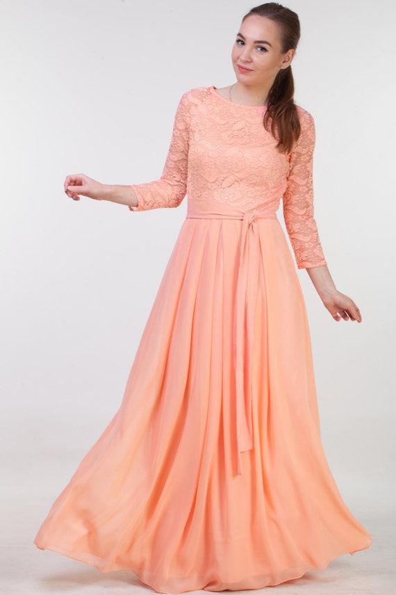 Long peach  lace dress  for bridesmaids  Peach  bridesmaid  dress 