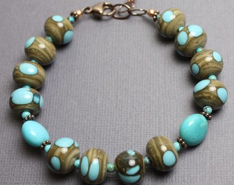 Turquoise Bracelet, Lampwork Bracelet, Turquoise and Brown Bracelet, Boho Bracelet, Turquoise Blue Bead Bracelet, Artisan Jewelry,KMBankston