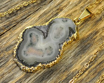 Stalactite Necklace, Stalactite Pendant, Stalactite Jewelry, Stalactite Slice, Gold Necklace, Natural Stalactite Stone, 14k Gold Fill Chain