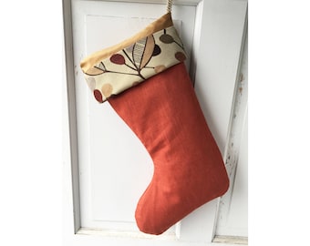Rust Christmas Stocking with Leaves Cuff with Gold Taffeta Lining Ready to Ship