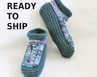 Teal Womens Slippers Low Cuff Bedsocks, Hand Knitted Blues and Purples, 2 Ladies Sizes, Choose 7.5 - 8.5 or 8.5 - 9