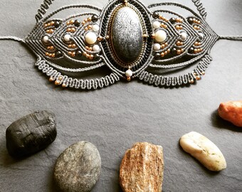 RESERVED FOR JEN Cuff Bracelet in macrame and agate dentrique