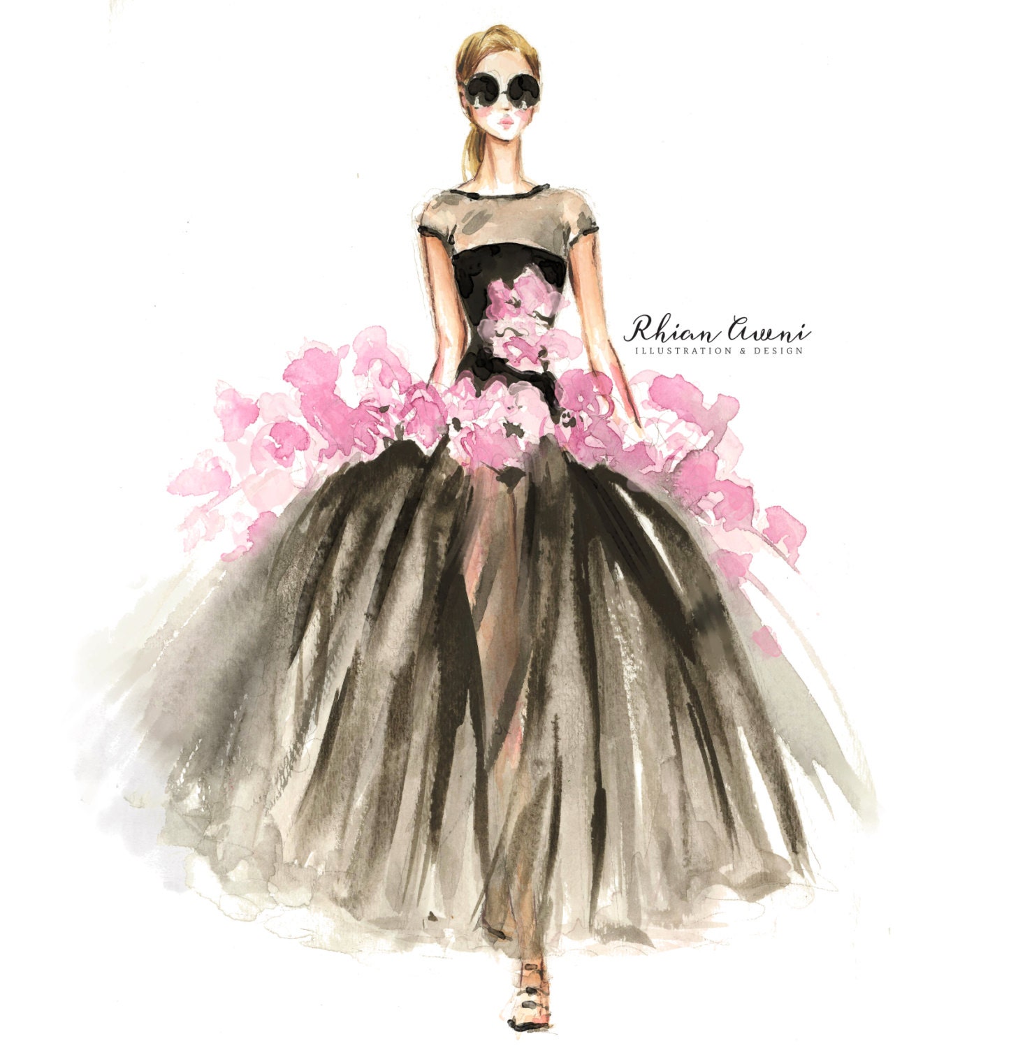 Custom Fashion Illustration Watercolor Dress Audrey Style