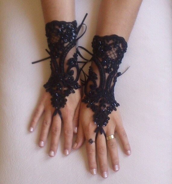 Beaded goth gothic lace black Wedding gloves, Party gloves, bridal gloves fingerless gloves french lace vampire