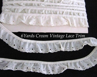 Lace Eyelet Trim Cream Ivory Beige Ruffle Vintage 6 yards