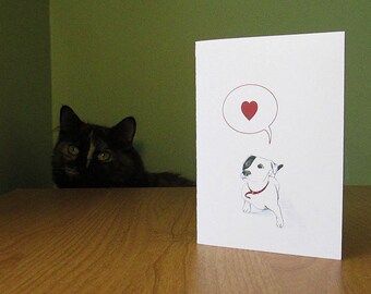 Cute dog love card. Woof, I love you! Sweet funny card for dog lover. Mother's Day card, blank inside for your personal message.