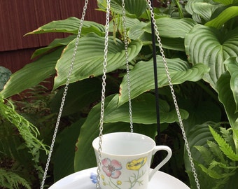 Upcycled teacup bird feeder pink yellow and blue flower