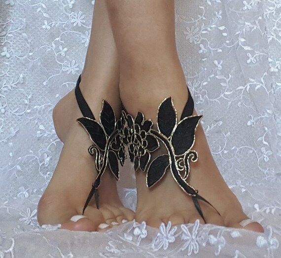 Black gold beach shoes, Unique design, lariat sandals, wedding bridal, bellydance, gothic, wedding shoes, summer wear, gothic bridal sandals