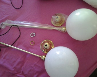 Pair Low Hanging on brass Rod White Ball Pendants Lights - Vintage - 20% off