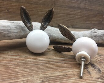 Clearance - Set of 2 Imperfect Rabbit Ears White Knob - Abstract Bunny - Nature Forest Fairytale Theme - Decorative Bunny Ears Drawer Pull
