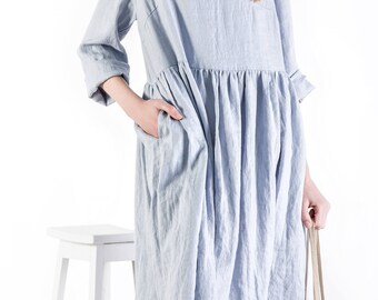 Linen dress / linen dress with pockets / handmade linen women's clothing / casual dress / loose linen dress / round neck dress