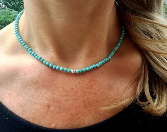 Turquoise choker necklace, Sterling Silver blue Turquoise beaded gemstone necklace real tiny Turquoise bead necklace Birthstone jewelry gift