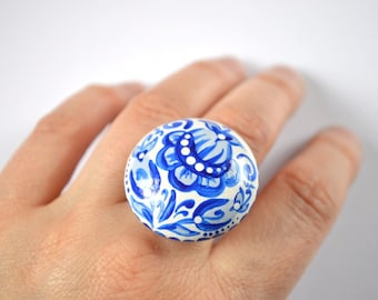 Ring with flowers Jewelry white blue ring unique rings cute rings women birthday gifts Nature jewelry Floral Ring romantic ring mom gifts