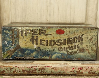 Antique Chewing Tobacco Tin, Vintage Piper Heidsieck Tin, Collectible Tobacciano, Vintage 1910 Tin Metal Box, Hinged Metal Tin, 100 yrs. Old