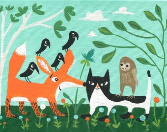 Fox, Tuxedo Cat, Crow and Owl Art Painting - Whimsical Original Outsider Folk Artwork Wall Decor