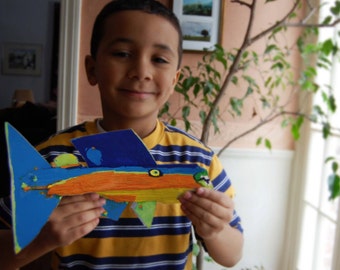 Fish Art - Ready to Hang Colorful Painted Recycled Wood Construction Wall Decor - Orange, Blue, Yellow Funky Fish Art