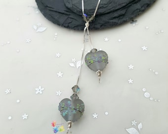 Lampwork Necklace, Silver Beaded Necklace, Twin Paradise Moonlight Heart Necklace, Gift for Her, Heart Necklace, Crystal Necklace, Grey