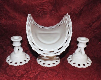 1947 Westmoreland Glass Company Banana Boat and Candlesticks Doric Pattern Console Set