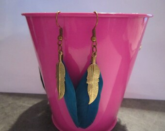 Blue feather earrings.